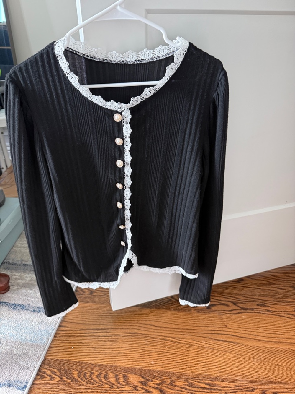Black Lace-Trim Scoop Neck Cardigan Sweater